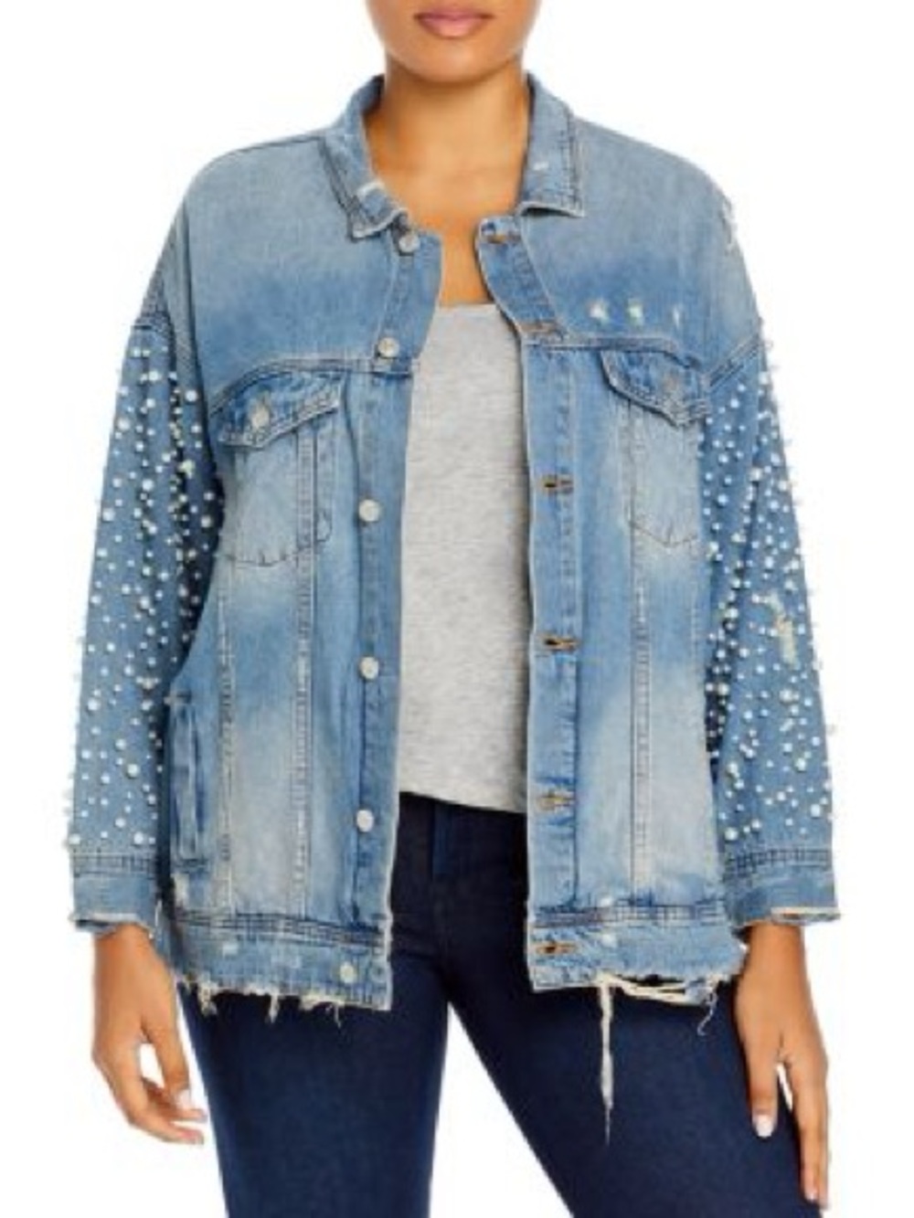Distressed Denim Jacket with Pearl Embellishments